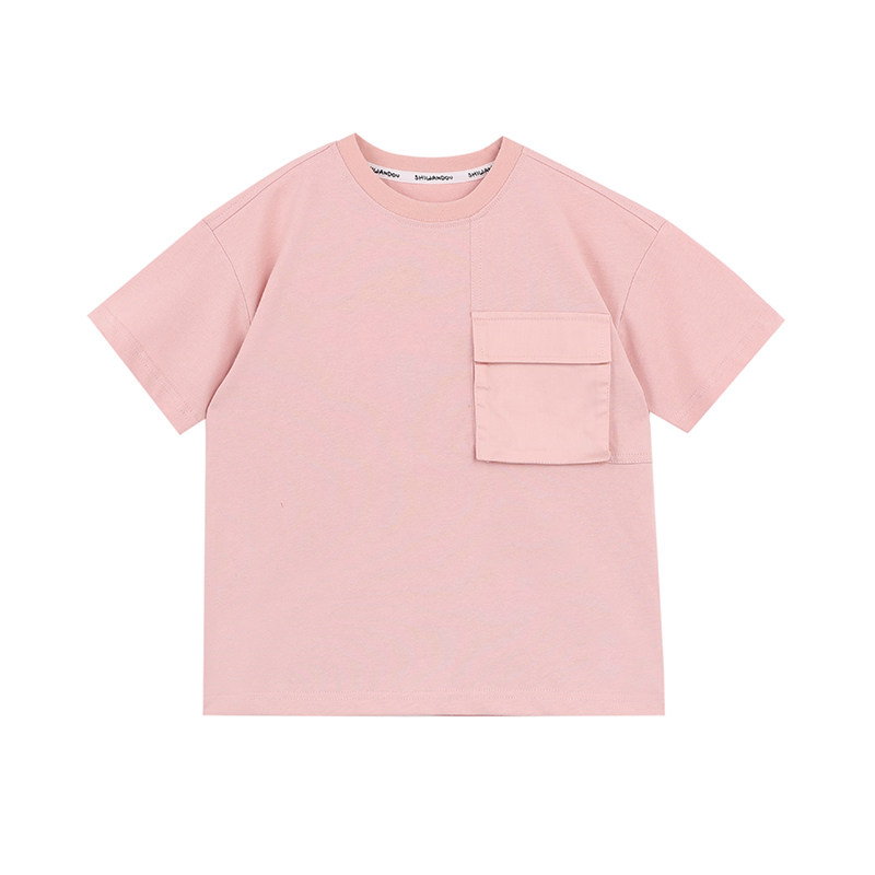 PISELLI史豌豆女童2025夏季新款口袋短袖t恤儿童纯色休闲圆领上衣,淘宝优惠券,粉丝福利购,淘宝优惠卷