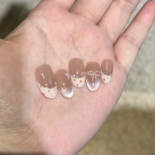 【奶油蓓蕾】高品质甜酷手绘皮粉色五角星蝴蝶结纯手工穿戴甲美甲 - 图3