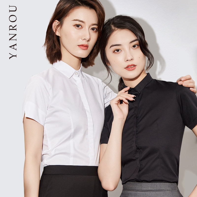 小领白衬衫女短袖2020新款棉工作服 言柔衬衫