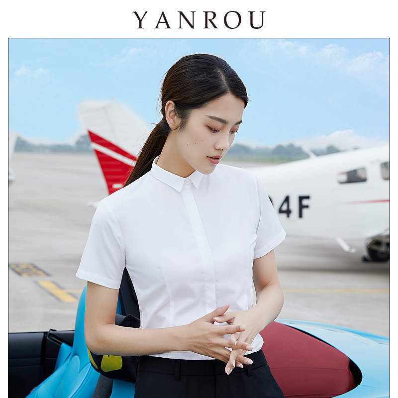 小领白衬衫女短袖2020新款棉工作服 言柔衬衫