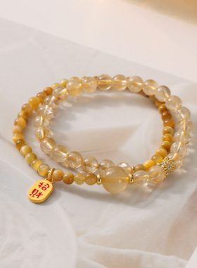金虎眼黄水晶招米纳福串珠双圈手链女时尚感桶珠手串货源