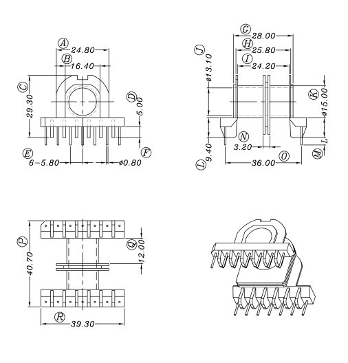 EC39 ETD39双槽骨架 配外壳卧式7+7针 排距=36mm - 图2