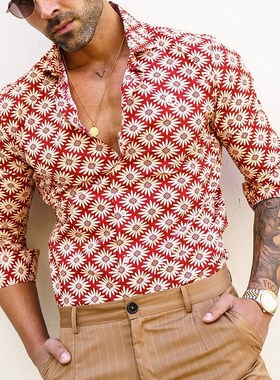 2022欧美秋季男士长袖宽松大码衬衣翻领休闲沙滩衬衫Men's sh