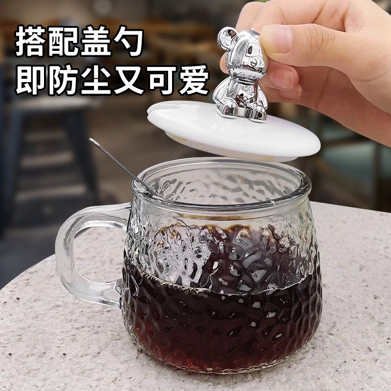 ins高颜值小熊杯子花茶杯简约耐热玻璃杯带盖可爱马克杯玻璃水杯