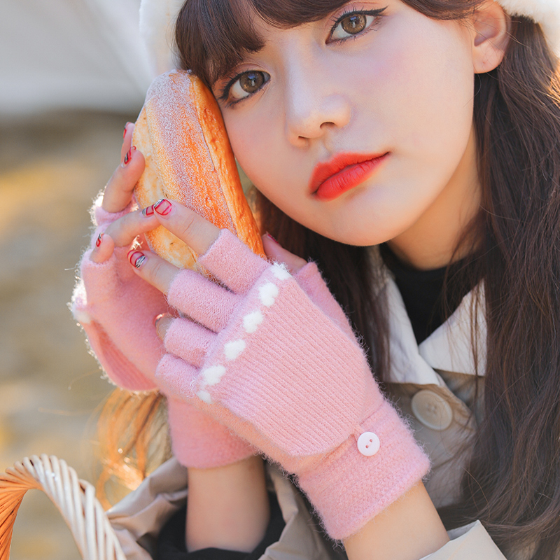 艾莱客服饰旗舰店手套冬天女ins可爱骑车翻盖露指五指学生防寒保暖加厚写字韩版潮1