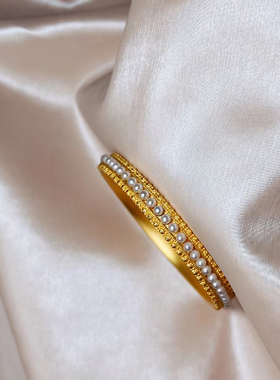 深圳水贝古法金婉容手镯足金999花丝镶嵌珍珠黄金镯子宫廷送礼