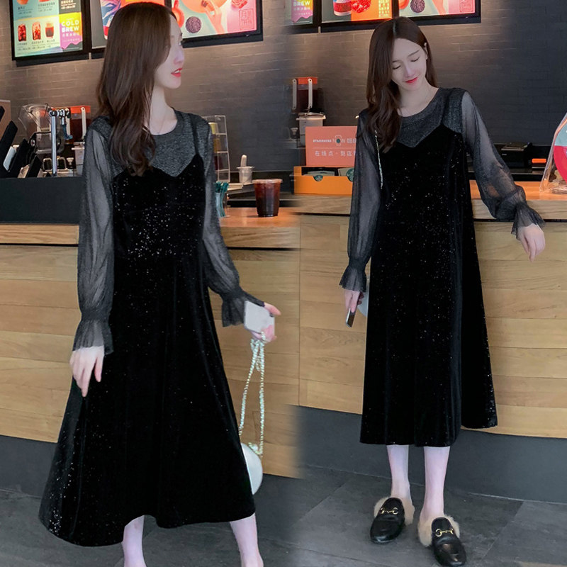 孕妇装秋装新款孕妇过膝黑色连衣裙 月朵连衣裙