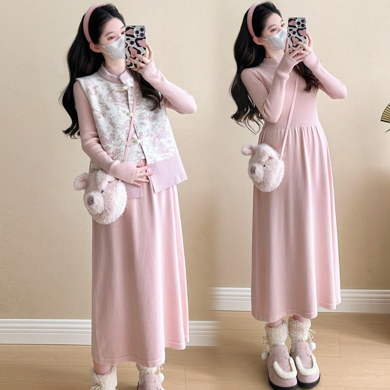 孕妇连衣裙秋冬款2025秋季新款国风孕妇装套装显瘦中长款针织裙子,淘宝优惠券,粉丝福利购,淘宝优惠卷