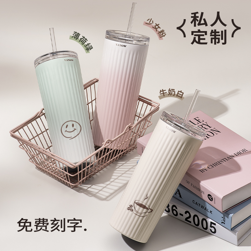 Vanow吸管保温杯女生高颜值陶瓷内胆水杯子大容量2025新款咖啡杯 - 图3