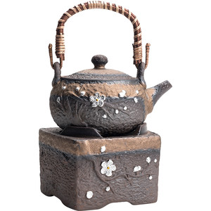 陶迷鎏金釉提梁壶侧把壶明火蜡烛酒精温茶煮茶炉创意鎏银梅花装饰