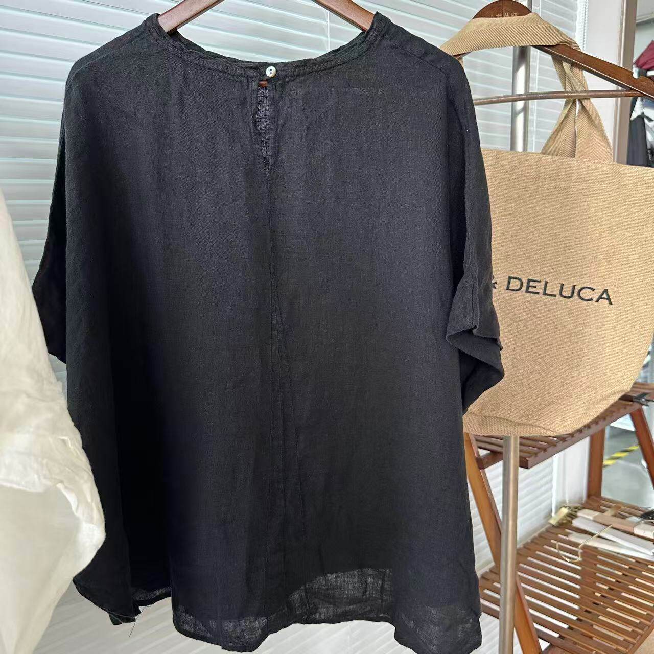 夏季舒适简约蝙蝠袖宽版纯色百搭麻质圆领短袖套头T恤（25052201