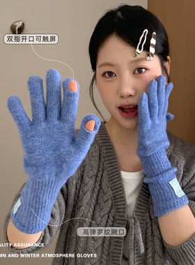 韩版ins博主贴标手套加长款女毛线针织触屏布标加厚户外保暖骑车