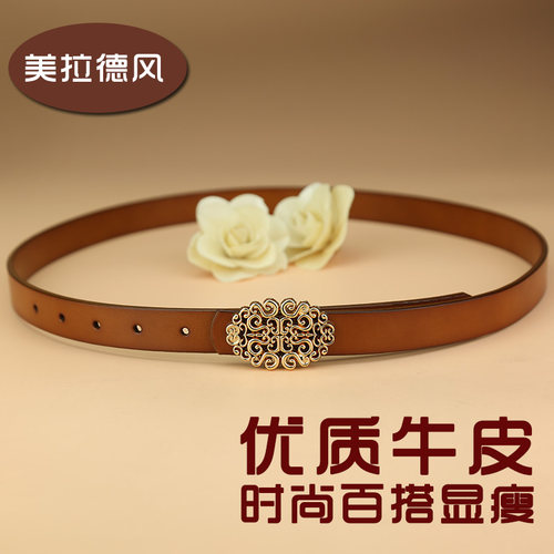 皮带女真皮时尚牛皮复古腰带网红百搭细宽简约韩国牛仔裤带ins风 - 图3