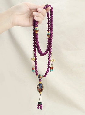 国风小清新雍容紫色珠子长款斜跨项链复古典雅绿石珠背背链冬新款