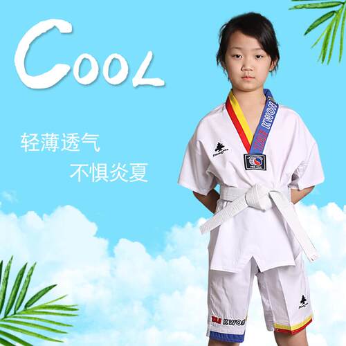 跆拳道服装儿童夏季纯棉超轻短袖道服夏装初学者女童训练轻薄透气 - 图0