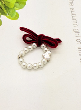 复古丝绒酒红色珍珠弹力戒指