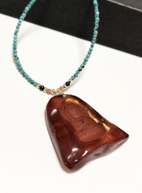 D310# 天然琥珀金珀带原皮精雕如来佛吊坠 配原矿绿松石蜜蜡珠链