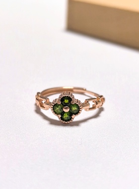 G171# S925通体纯银透辉石四叶草戒指 开口可调戒托 9*3mm