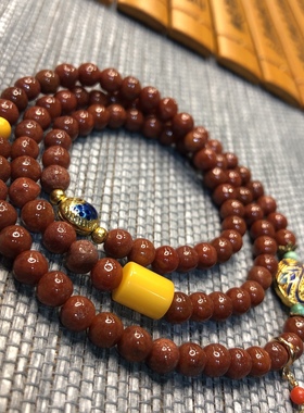 S515# 天然缅甸红翡翠 满红糖色 圆珠三圈手链 6mm 配蜜蜡 松石