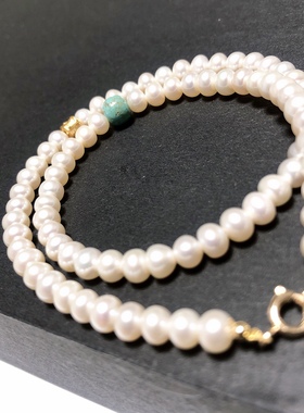 S1347# 天然淡水珍珠极光小灯泡双圈手链5mm 配绿松石 老金