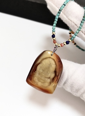 D1438# 天然原矿老蜜蜡带原皮宝宝佛吊坠 配原矿绿松石万能链