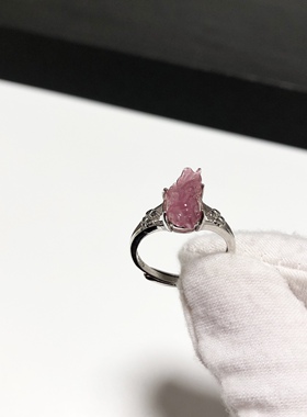 G122# 天然卢比来粉色碧玺金鱼戒指8.5*7mm S925银开口戒托