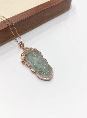 D4# 天然冰种翡翠叶子925银 玫瑰金镶嵌金枝玉叶吊坠 925纯银链