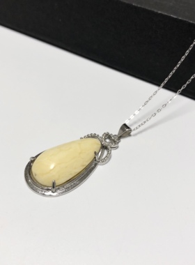 D210# 天然蜜蜡老矿白蜜水滴吊坠S925纯银镶嵌 蜜蜡25.5*13*6mm