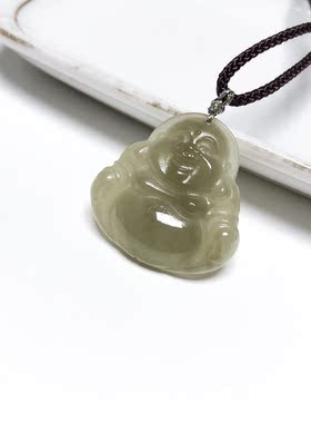 D599# 天然和田玉黄口料佛公吊坠28.8*28.5*5.9mm