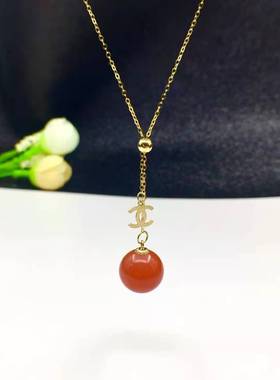 南红双珠Y字推拉项链18k真金