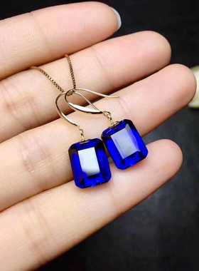 18K金耳环挂坠方形水晶海蓝宝