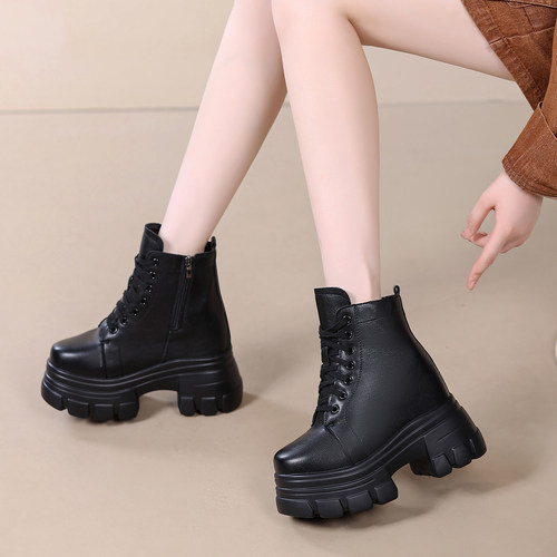 18CM内增高马丁靴女款春秋单靴小个子松糕厚底短靴超高跟加绒棉靴 - 图1