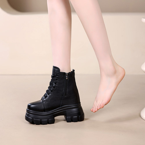 18CM内增高马丁靴女款春秋单靴小个子松糕厚底短靴超高跟加绒棉靴 - 图3