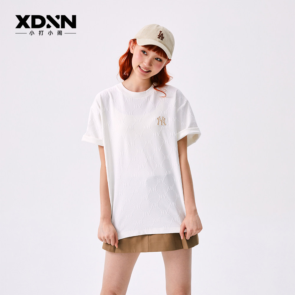 MLB 25秋季官方张凌赫同款短袖男钻石老花宽松半袖透气女T恤TSM01,淘宝优惠券,粉丝福利购,淘宝优惠卷