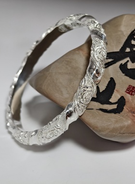 【足银9999】百年久诚手工錾刻浮雕叠锻玫瑰半圆条足银手镯