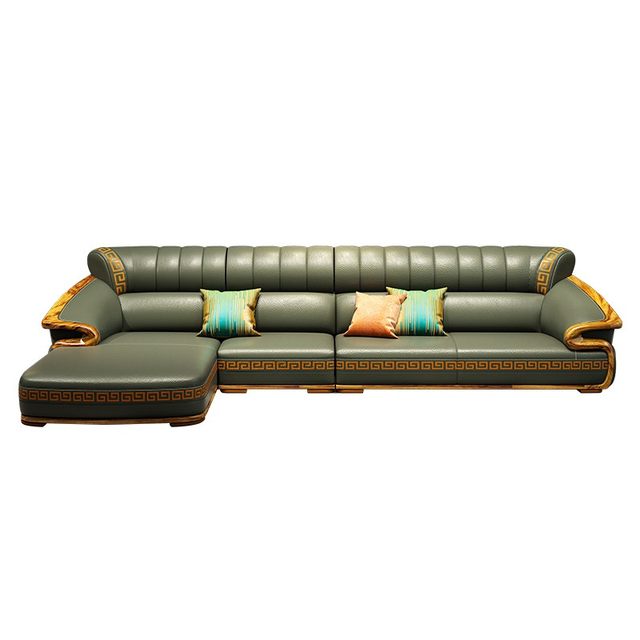 New Chinese style black gold wood layer cowhide modern simple living room imperial concubine corner solid wood leather sofa whole house furniture