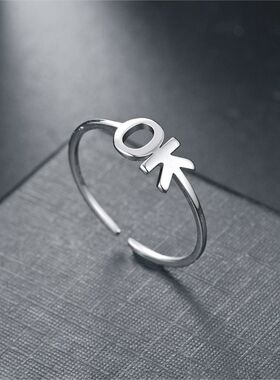 流行新品OK嘻哈设计钛钢开口戒指女时尚百搭中性风情侣指环手饰品