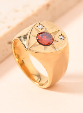 欧美跨境不锈钢戒指 轻奢时尚铸造水滴形镶八角芒星钻钛钢戒指厂