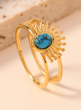 欧美复古不锈钢戒指女小众高级感双线彩色松石戒指镀18k金指环