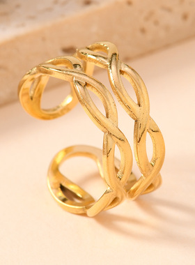 欧美流行不锈钢线条交叉戒指女油压双麻花开口戒可调节指环