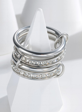 欧美热销四层堆叠多环镶钻钛钢戒指女士个性设计轻奢高级感食指