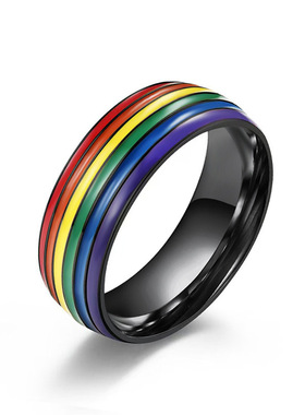 厂家供应亚马逊彩虹元素钛钢戒指滴胶指环小众个性不锈钢饰品