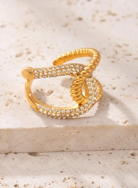 热销钛钢饰品 油压交叉微镶钻开口戒设计感镀18K金不锈钢戒指