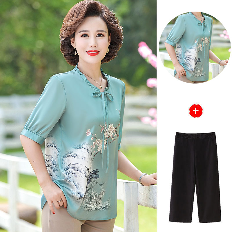 巴宝兹旗舰店40-50岁中年妈妈装夏装新款两件套中老年女装夏季高贵气质套装1