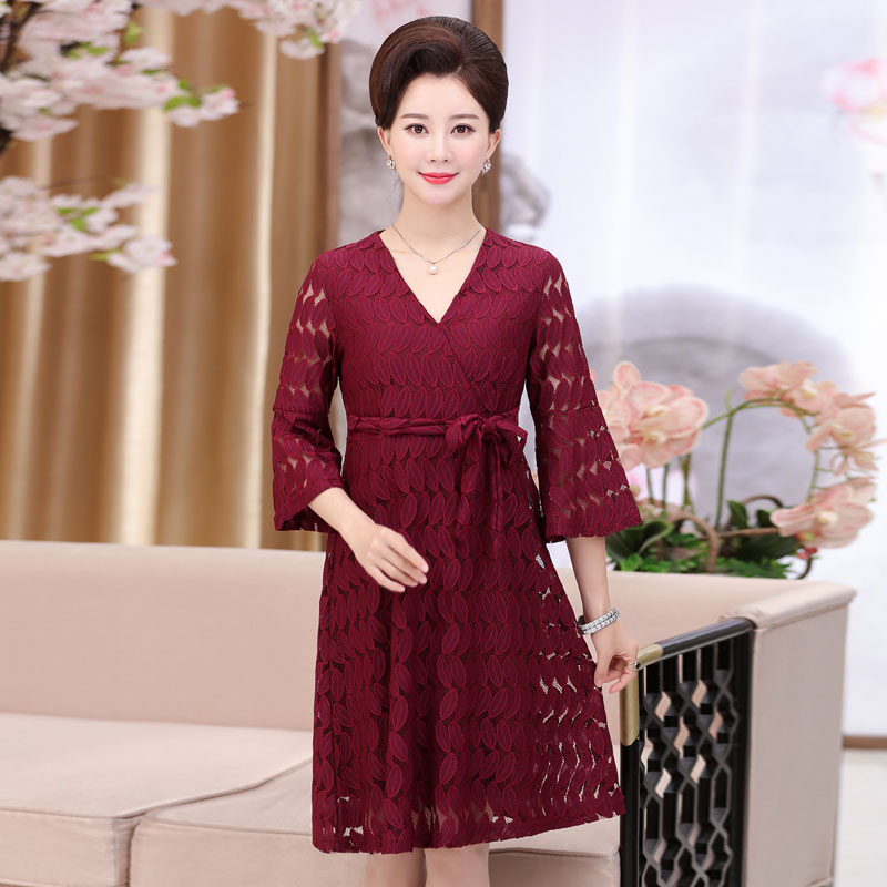 巴宝兹旗舰店中老年女装夏季短袖40-50岁中年妈妈装高贵夏装修身时尚连衣裙2