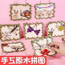 Childrens handmade creative DIY Puzzle Kindergarten Puzzle Handcrafted material collage Painted Log Branch Pendulum