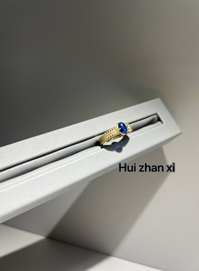 Hui zhan xi培育蓝宝1克拉k黄蛋面复古风戒指