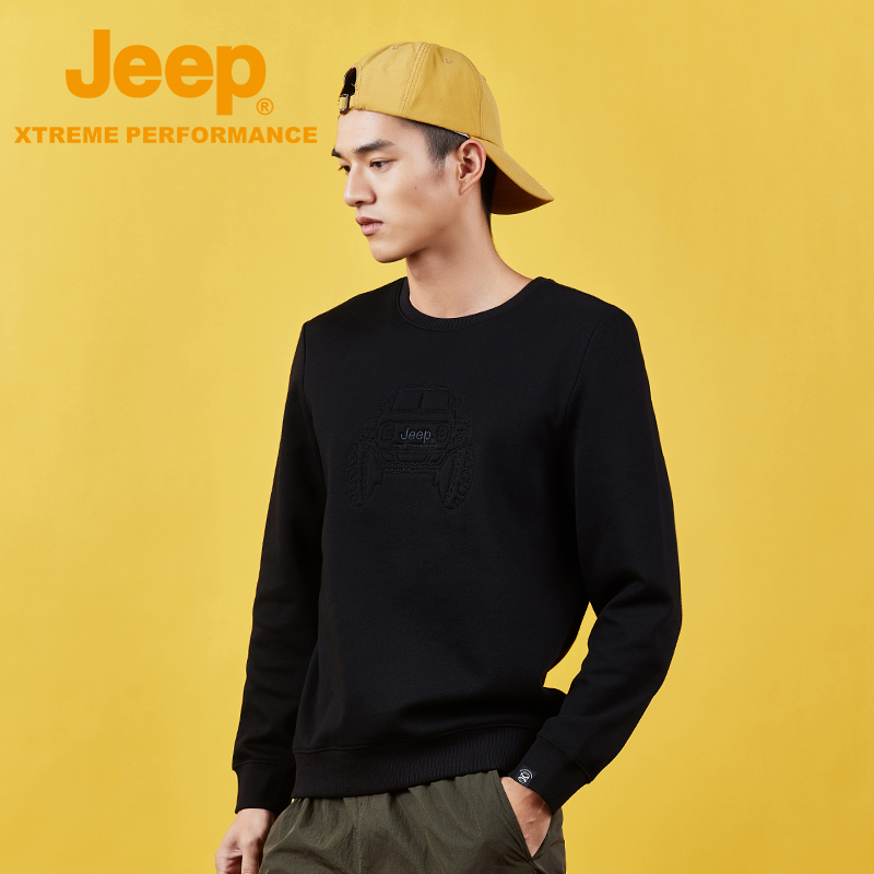 Jeep吉普加绒卫衣男秋季新款战车刺绣上衣防风保暖外套户外休闲衣