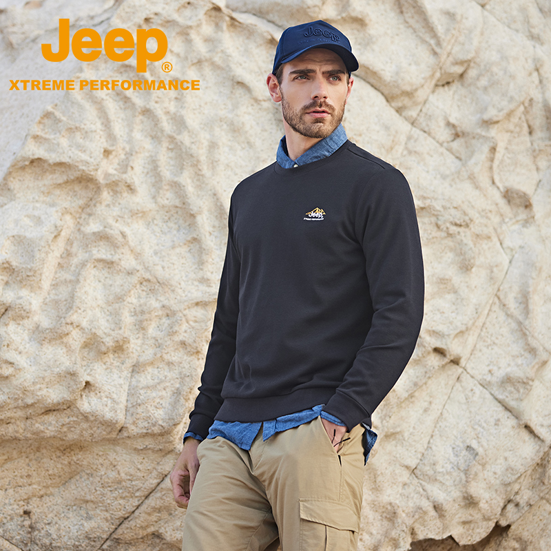 Jeep吉普圆领卫衣秋款加绒外穿T恤男士运动男装时尚雪山长袖上衣 - 图0