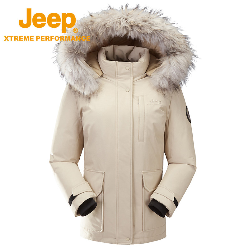 Jeep吉普防风保暖羽绒服女户外防寒服新款外套蓬松鸭绒毛领派克服